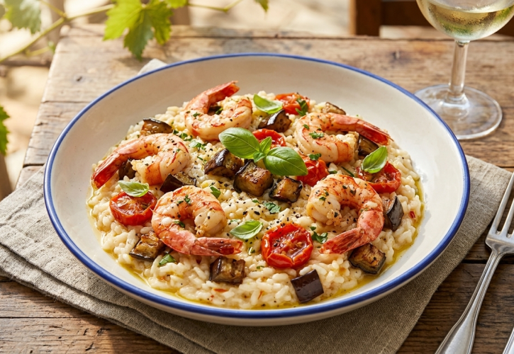 Risotto con Melanzana, Pomodori e Scampi: Un Trionfo di Sapori Estivi